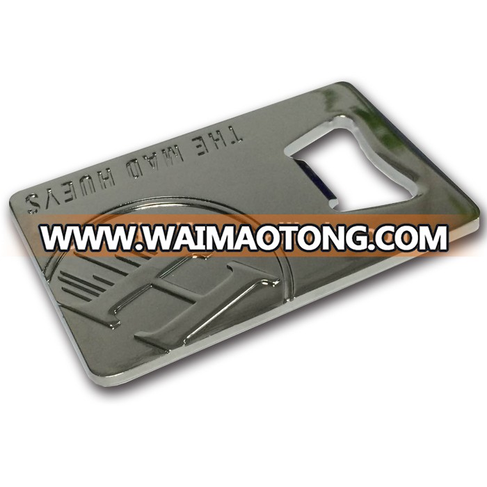 Embossed metal credit card bottle opener with company logo